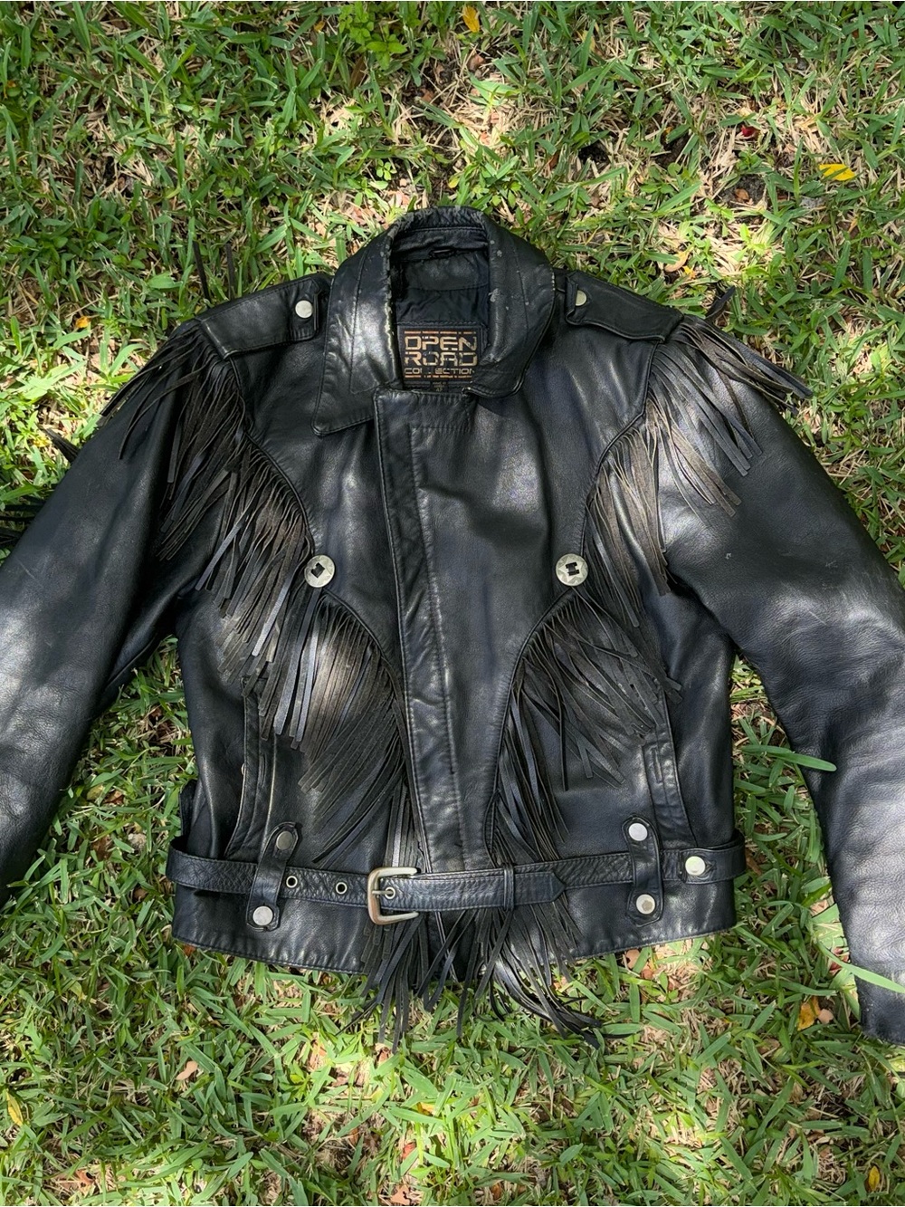 Vintage Open Road Black Leather Fringe Motorcycle Jacket